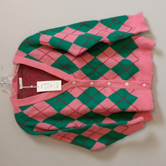 Womens Size M Top Knit Green & Pink Argyle Pattern Cardigan - Picture 8 of 11